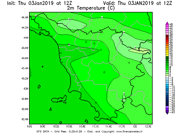 Mappa di analisi GFS - Temperatura a 2 metri dal suolo [°C] in Toscana
							del 03/01/2019 12 <!--googleoff: index-->UTC<!--googleon: index-->