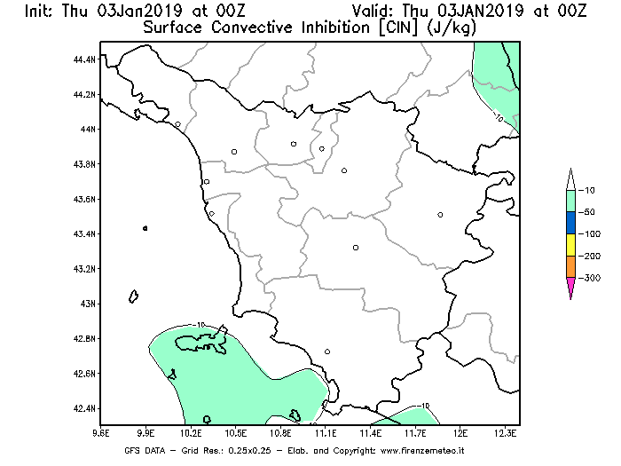 Mappa di analisi GFS - CIN [J/kg] in Toscana
							del 03/01/2019 00 <!--googleoff: index-->UTC<!--googleon: index-->
