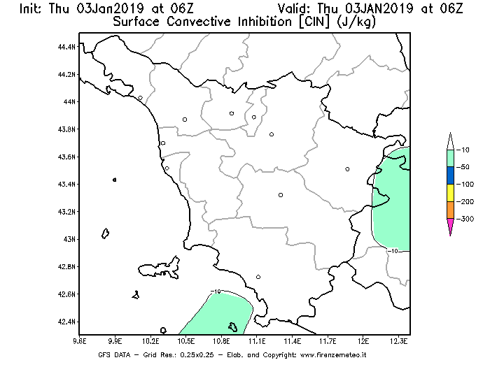 Mappa di analisi GFS - CIN [J/kg] in Toscana
							del 03/01/2019 06 <!--googleoff: index-->UTC<!--googleon: index-->