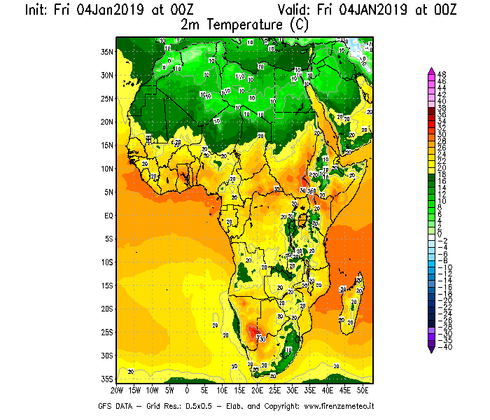 Mappa di analisi GFS - Temperatura a 2 metri dal suolo [°C] in Africa
									del 04/01/2019 00 <!--googleoff: index-->UTC<!--googleon: index-->