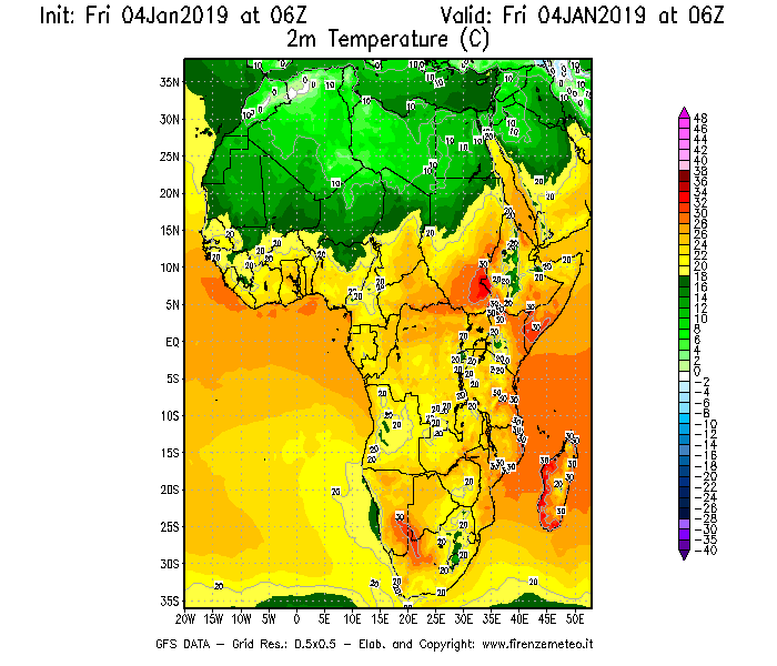 Mappa di analisi GFS - Temperatura a 2 metri dal suolo [°C] in Africa
							del 04/01/2019 06 <!--googleoff: index-->UTC<!--googleon: index-->