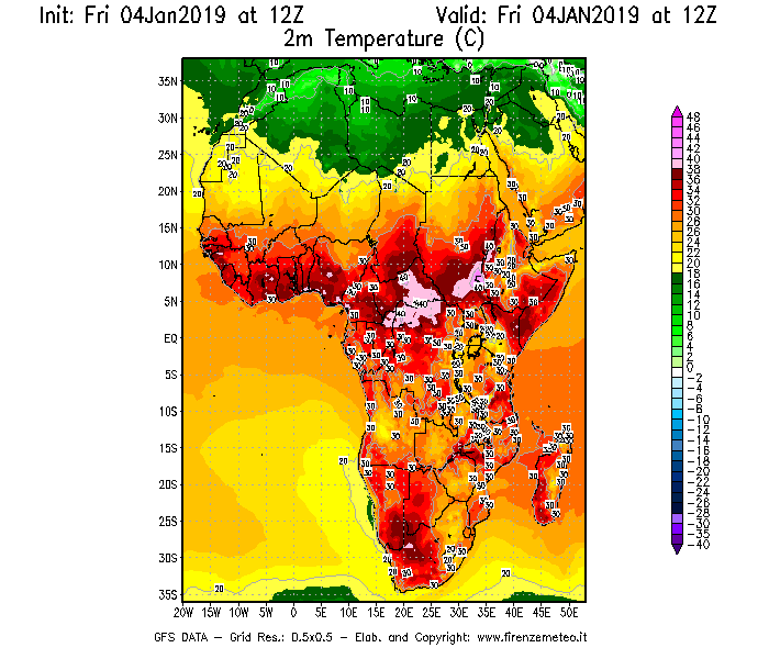 Mappa di analisi GFS - Temperatura a 2 metri dal suolo [°C] in Africa
							del 04/01/2019 12 <!--googleoff: index-->UTC<!--googleon: index-->