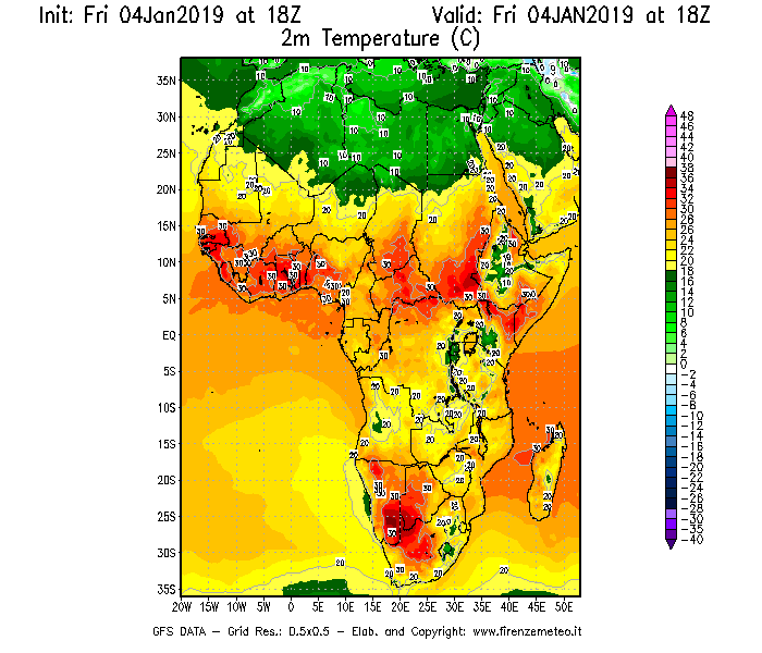 Mappa di analisi GFS - Temperatura a 2 metri dal suolo [°C] in Africa
									del 04/01/2019 18 <!--googleoff: index-->UTC<!--googleon: index-->