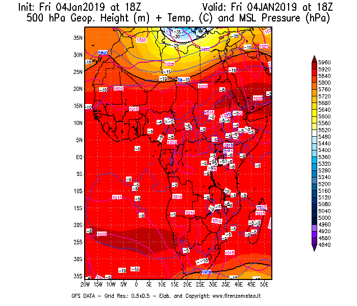 Mappa di analisi GFS - Geopotenziale [m] + Temp. [°C] a 500 hPa + Press. a livello del mare [hPa] in Africa
									del 04/01/2019 18 <!--googleoff: index-->UTC<!--googleon: index-->