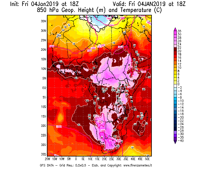 Mappa di analisi GFS - Geopotenziale [m] e Temperatura [°C] a 850 hPa in Africa
							del 04/01/2019 18 <!--googleoff: index-->UTC<!--googleon: index-->