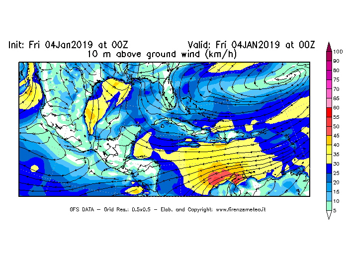 Mappa di analisi GFS - Velocità del vento a 10 metri dal suolo [km/h] in Centro-America
									del 04/01/2019 00 <!--googleoff: index-->UTC<!--googleon: index-->