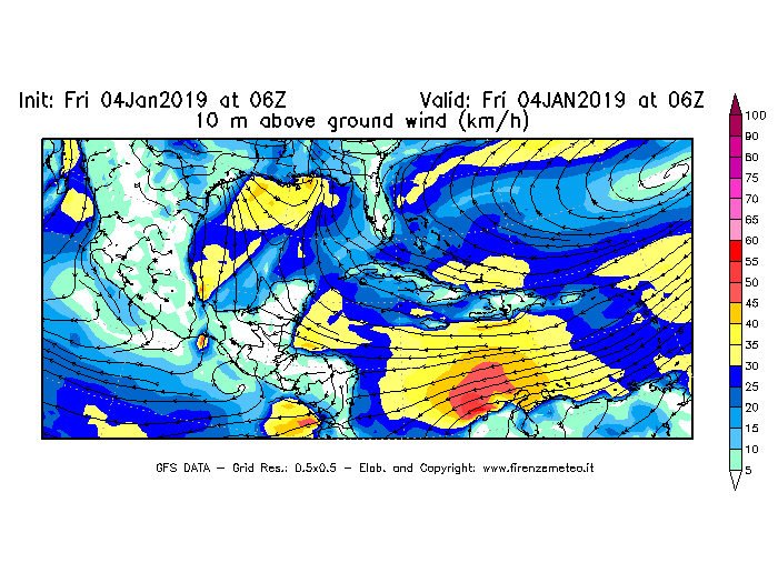 Mappa di analisi GFS - Velocità del vento a 10 metri dal suolo [km/h] in Centro-America
									del 04/01/2019 06 <!--googleoff: index-->UTC<!--googleon: index-->