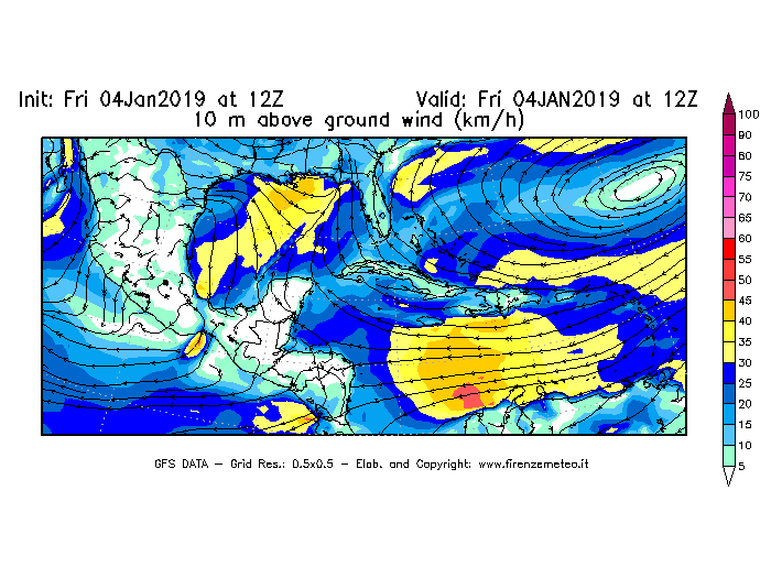 Mappa di analisi GFS - Velocità del vento a 10 metri dal suolo [km/h] in Centro-America
									del 04/01/2019 12 <!--googleoff: index-->UTC<!--googleon: index-->