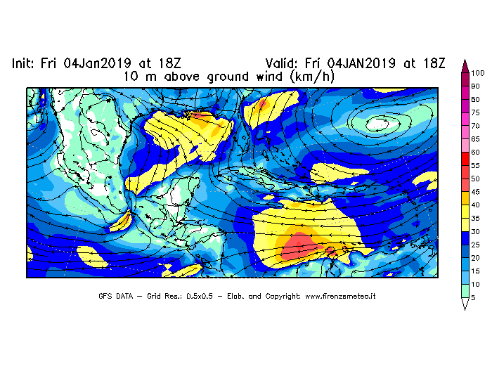 Mappa di analisi GFS - Velocità del vento a 10 metri dal suolo [km/h] in Centro-America
							del 04/01/2019 18 <!--googleoff: index-->UTC<!--googleon: index-->