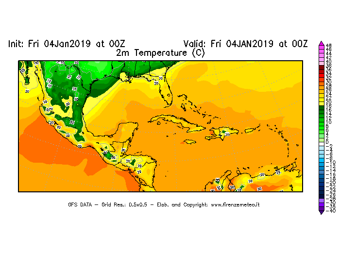 Mappa di analisi GFS - Temperatura a 2 metri dal suolo [°C] in Centro-America
									del 04/01/2019 00 <!--googleoff: index-->UTC<!--googleon: index-->