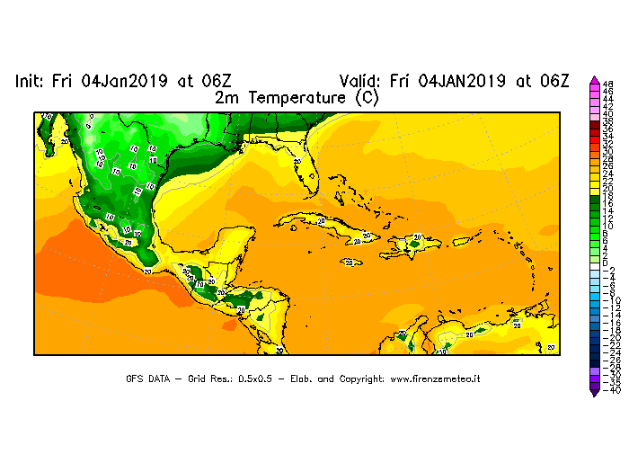 Mappa di analisi GFS - Temperatura a 2 metri dal suolo [°C] in Centro-America
									del 04/01/2019 06 <!--googleoff: index-->UTC<!--googleon: index-->