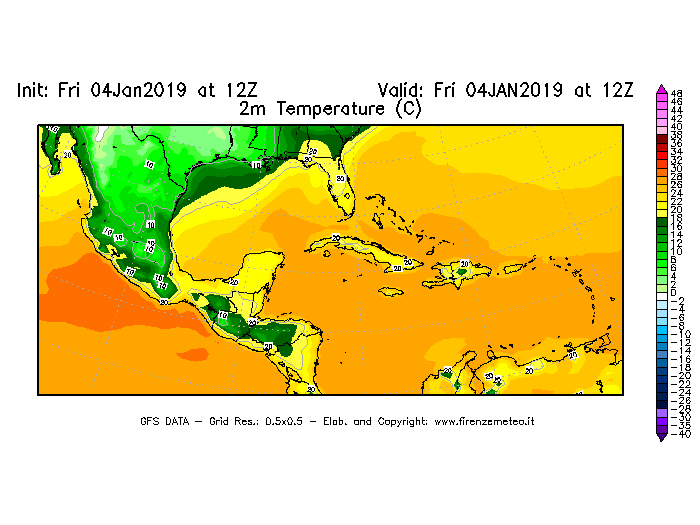 Mappa di analisi GFS - Temperatura a 2 metri dal suolo [°C] in Centro-America
									del 04/01/2019 12 <!--googleoff: index-->UTC<!--googleon: index-->