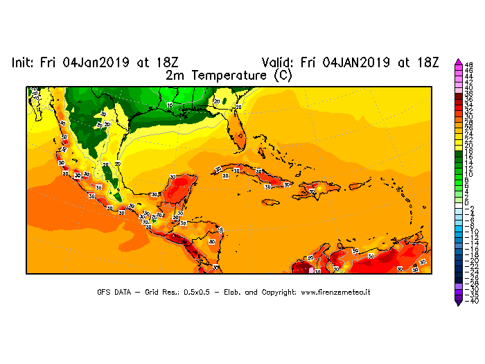 Mappa di analisi GFS - Temperatura a 2 metri dal suolo [°C] in Centro-America
									del 04/01/2019 18 <!--googleoff: index-->UTC<!--googleon: index-->