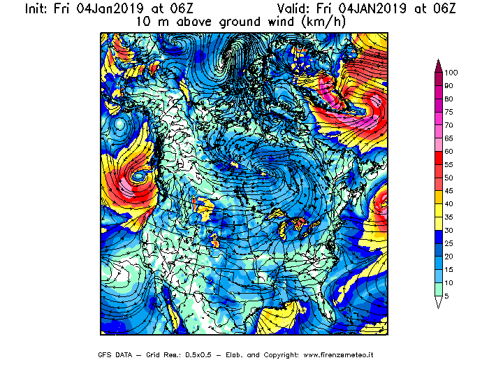 Mappa di analisi GFS - Velocità del vento a 10 metri dal suolo [km/h] in Nord-America
							del 04/01/2019 06 <!--googleoff: index-->UTC<!--googleon: index-->