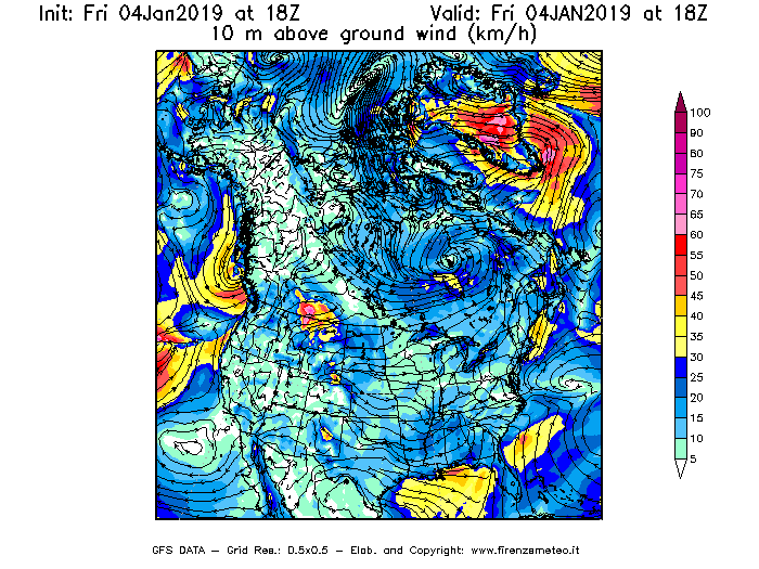 Mappa di analisi GFS - Velocità del vento a 10 metri dal suolo [km/h] in Nord-America
									del 04/01/2019 18 <!--googleoff: index-->UTC<!--googleon: index-->