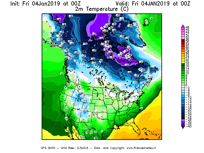 Mappa di analisi GFS - Temperatura a 2 metri dal suolo [°C] in Nord-America
							del 04/01/2019 00 <!--googleoff: index-->UTC<!--googleon: index-->