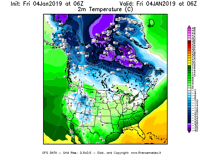 Mappa di analisi GFS - Temperatura a 2 metri dal suolo [°C] in Nord-America
							del 04/01/2019 06 <!--googleoff: index-->UTC<!--googleon: index-->