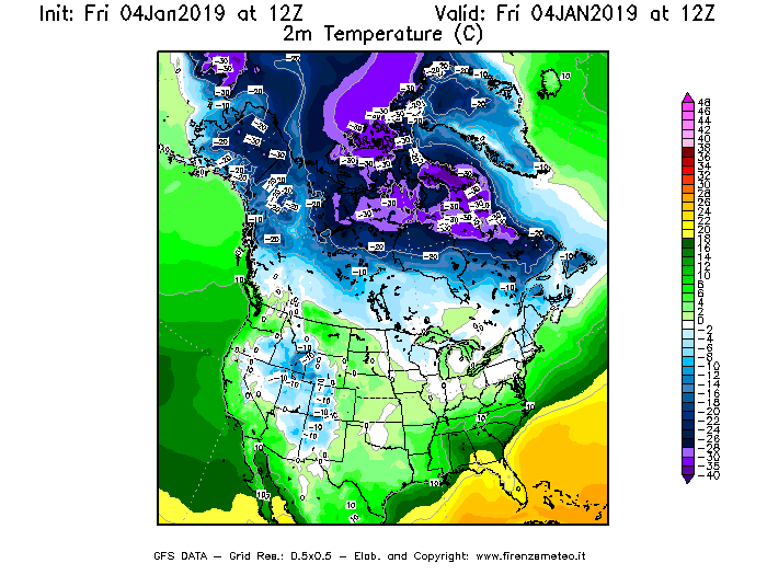 Mappa di analisi GFS - Temperatura a 2 metri dal suolo [°C] in Nord-America
							del 04/01/2019 12 <!--googleoff: index-->UTC<!--googleon: index-->