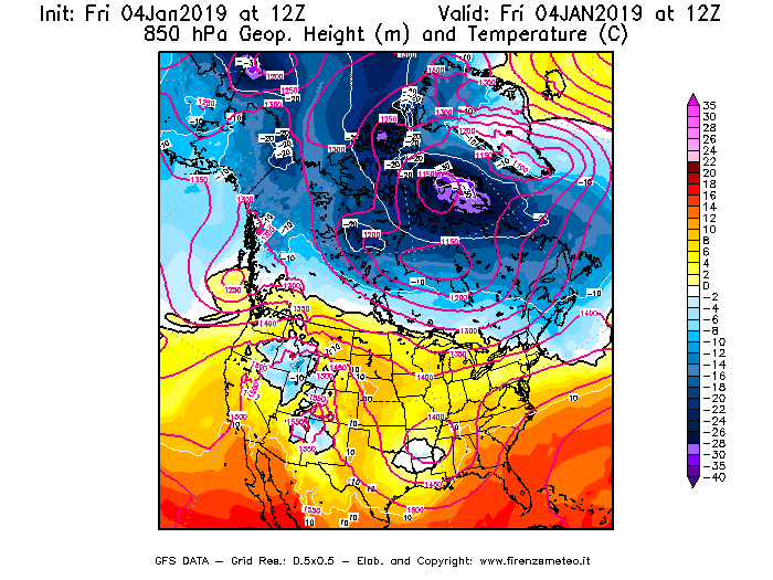 Mappa di analisi GFS - Geopotenziale [m] e Temperatura [°C] a 850 hPa in Nord-America
							del 04/01/2019 12 <!--googleoff: index-->UTC<!--googleon: index-->