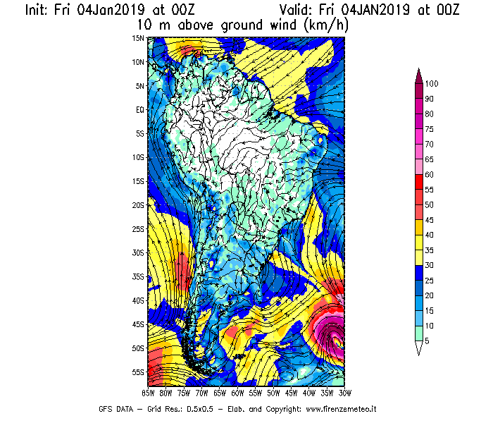 Mappa di analisi GFS - Velocità del vento a 10 metri dal suolo [km/h] in Sud-America
							del 04/01/2019 00 <!--googleoff: index-->UTC<!--googleon: index-->