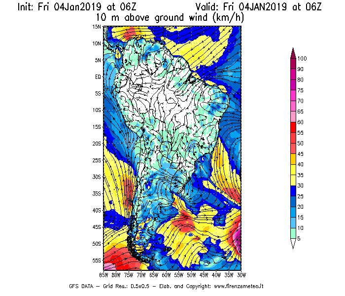 Mappa di analisi GFS - Velocità del vento a 10 metri dal suolo [km/h] in Sud-America
							del 04/01/2019 06 <!--googleoff: index-->UTC<!--googleon: index-->