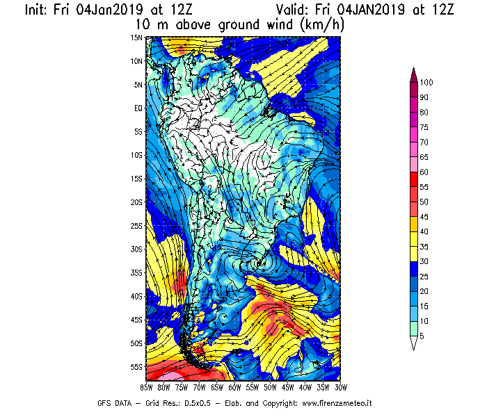 Mappa di analisi GFS - Velocità del vento a 10 metri dal suolo [km/h] in Sud-America
									del 04/01/2019 12 <!--googleoff: index-->UTC<!--googleon: index-->