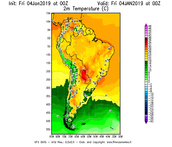 Mappa di analisi GFS - Temperatura a 2 metri dal suolo [°C] in Sud-America
							del 04/01/2019 00 <!--googleoff: index-->UTC<!--googleon: index-->