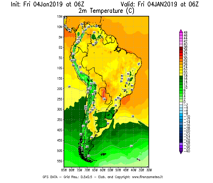 Mappa di analisi GFS - Temperatura a 2 metri dal suolo [°C] in Sud-America
							del 04/01/2019 06 <!--googleoff: index-->UTC<!--googleon: index-->