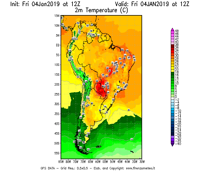 Mappa di analisi GFS - Temperatura a 2 metri dal suolo [°C] in Sud-America
									del 04/01/2019 12 <!--googleoff: index-->UTC<!--googleon: index-->