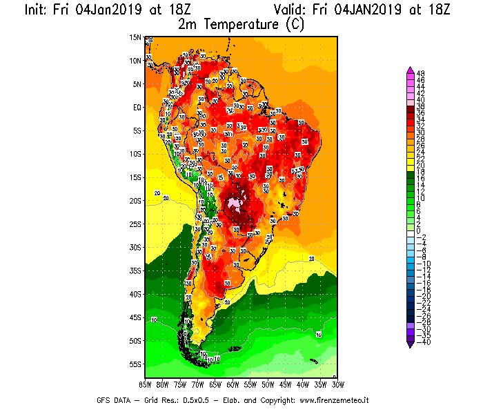 Mappa di analisi GFS - Temperatura a 2 metri dal suolo [°C] in Sud-America
									del 04/01/2019 18 <!--googleoff: index-->UTC<!--googleon: index-->