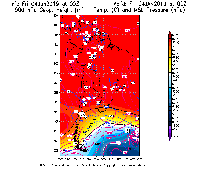 Mappa di analisi GFS - Geopotenziale [m] + Temp. [°C] a 500 hPa + Press. a livello del mare [hPa] in Sud-America
									del 04/01/2019 00 <!--googleoff: index-->UTC<!--googleon: index-->