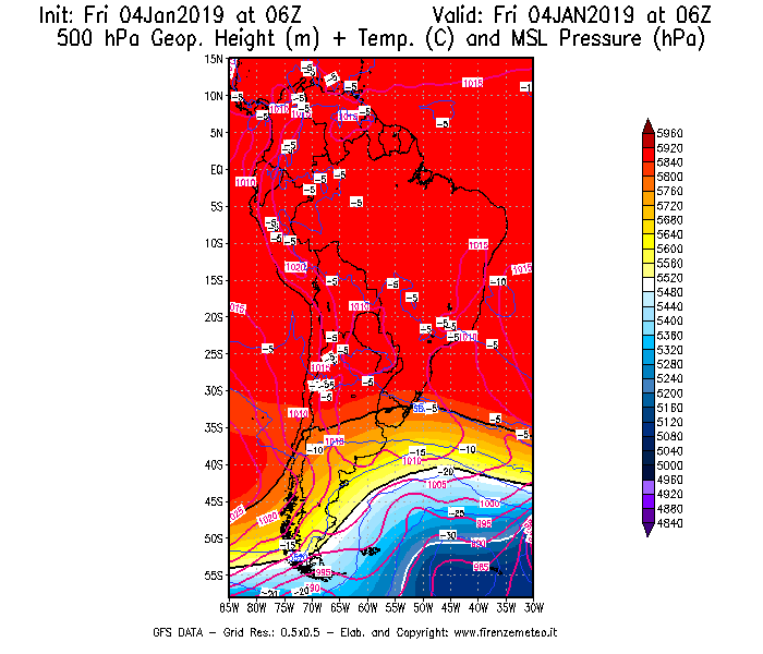 Mappa di analisi GFS - Geopotenziale [m] + Temp. [°C] a 500 hPa + Press. a livello del mare [hPa] in Sud-America
									del 04/01/2019 06 <!--googleoff: index-->UTC<!--googleon: index-->