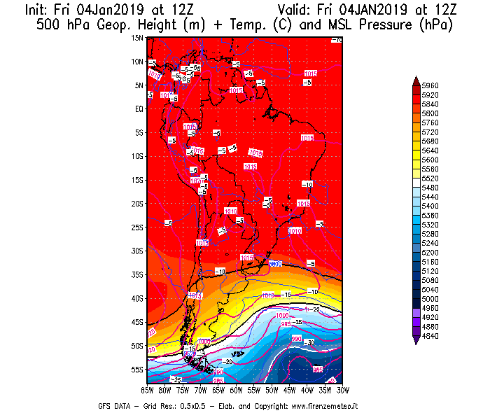 Mappa di analisi GFS - Geopotenziale [m] + Temp. [°C] a 500 hPa + Press. a livello del mare [hPa] in Sud-America
									del 04/01/2019 12 <!--googleoff: index-->UTC<!--googleon: index-->