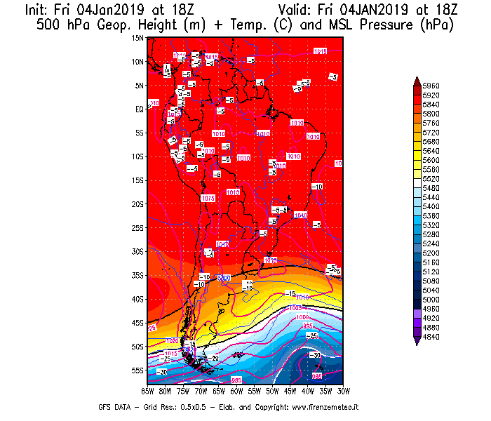 Mappa di analisi GFS - Geopotenziale [m] + Temp. [°C] a 500 hPa + Press. a livello del mare [hPa] in Sud-America
							del 04/01/2019 18 <!--googleoff: index-->UTC<!--googleon: index-->