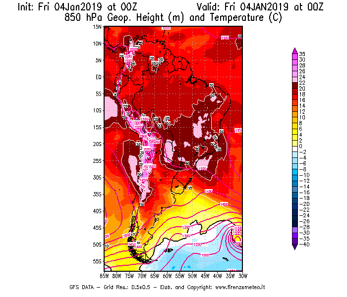 Mappa di analisi GFS - Geopotenziale [m] e Temperatura [°C] a 850 hPa in Sud-America
							del 04/01/2019 00 <!--googleoff: index-->UTC<!--googleon: index-->