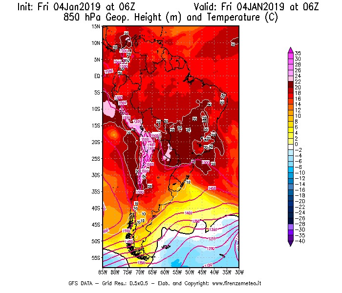 Mappa di analisi GFS - Geopotenziale [m] e Temperatura [°C] a 850 hPa in Sud-America
									del 04/01/2019 06 <!--googleoff: index-->UTC<!--googleon: index-->