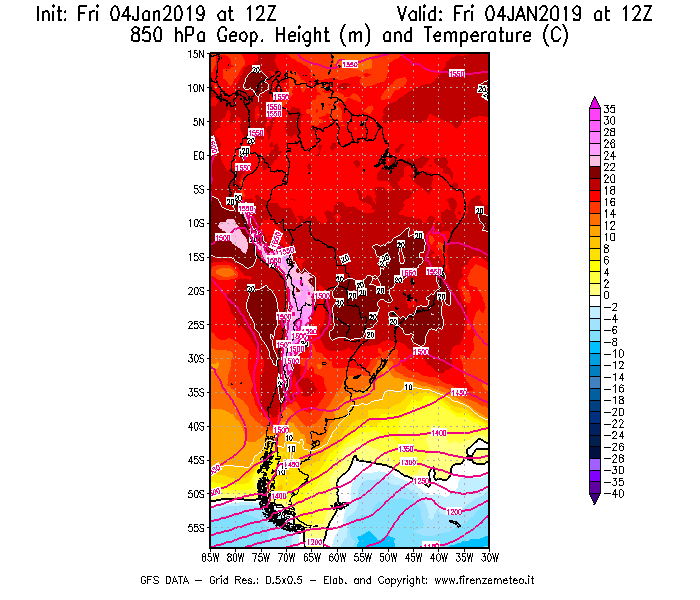 Mappa di analisi GFS - Geopotenziale [m] e Temperatura [°C] a 850 hPa in Sud-America
							del 04/01/2019 12 <!--googleoff: index-->UTC<!--googleon: index-->