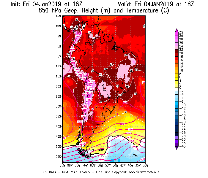 Mappa di analisi GFS - Geopotenziale [m] e Temperatura [°C] a 850 hPa in Sud-America
							del 04/01/2019 18 <!--googleoff: index-->UTC<!--googleon: index-->