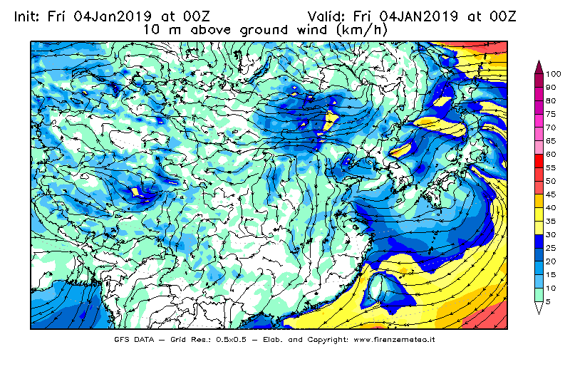 Mappa di analisi GFS - Velocità del vento a 10 metri dal suolo [km/h] in Asia Orientale
							del 04/01/2019 00 <!--googleoff: index-->UTC<!--googleon: index-->