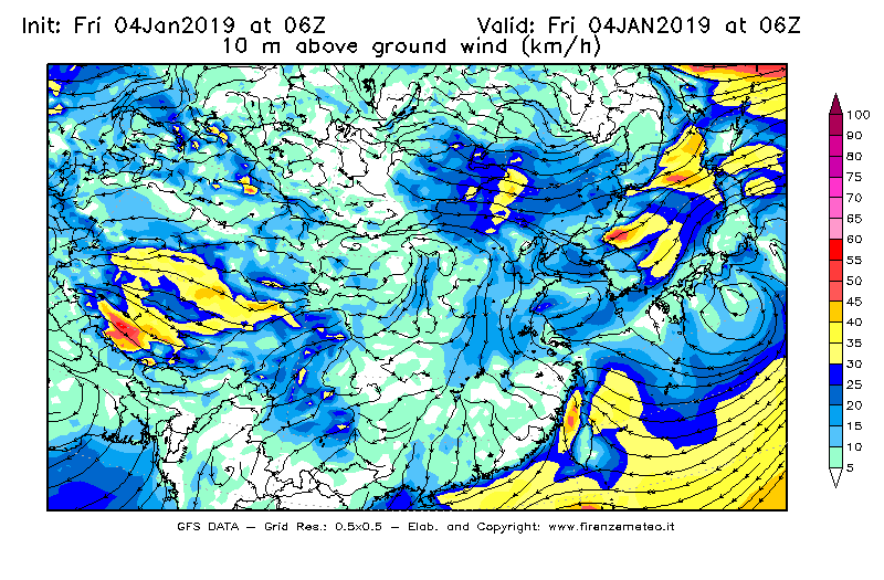 Mappa di analisi GFS - Velocità del vento a 10 metri dal suolo [km/h] in Asia Orientale
							del 04/01/2019 06 <!--googleoff: index-->UTC<!--googleon: index-->