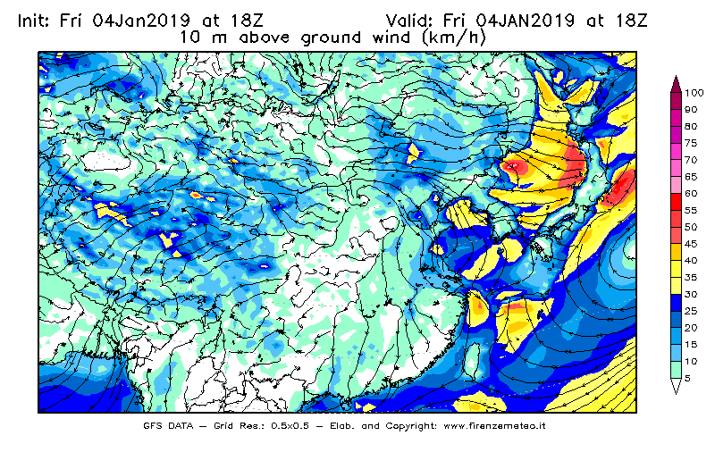 Mappa di analisi GFS - Velocità del vento a 10 metri dal suolo [km/h] in Asia Orientale
							del 04/01/2019 18 <!--googleoff: index-->UTC<!--googleon: index-->