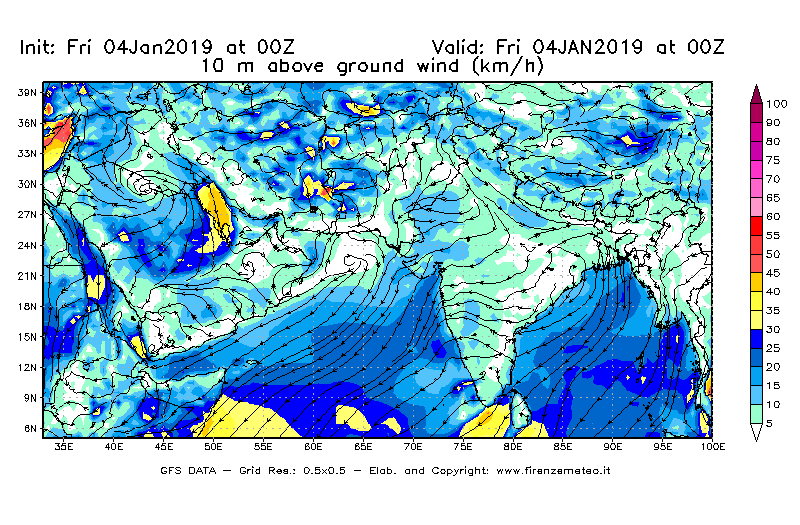 Mappa di analisi GFS - Velocità del vento a 10 metri dal suolo [km/h] in Asia Sud-Occidentale
									del 04/01/2019 00 <!--googleoff: index-->UTC<!--googleon: index-->
