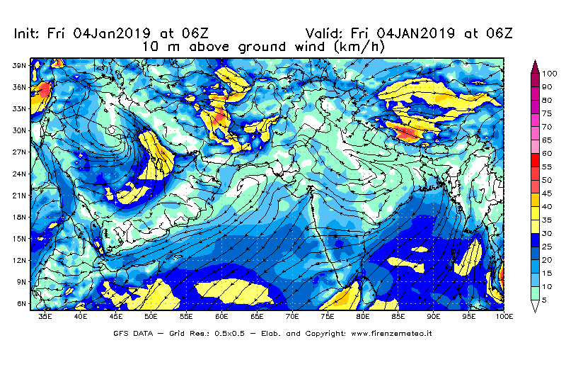 Mappa di analisi GFS - Velocità del vento a 10 metri dal suolo [km/h] in Asia Sud-Occidentale
							del 04/01/2019 06 <!--googleoff: index-->UTC<!--googleon: index-->