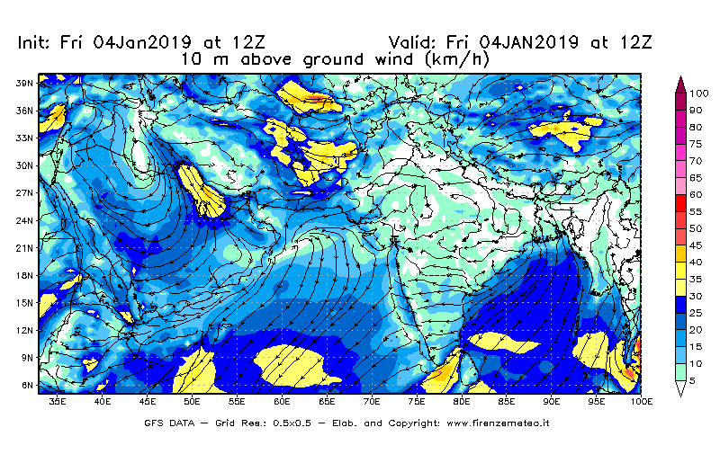 Mappa di analisi GFS - Velocità del vento a 10 metri dal suolo [km/h] in Asia Sud-Occidentale
									del 04/01/2019 12 <!--googleoff: index-->UTC<!--googleon: index-->