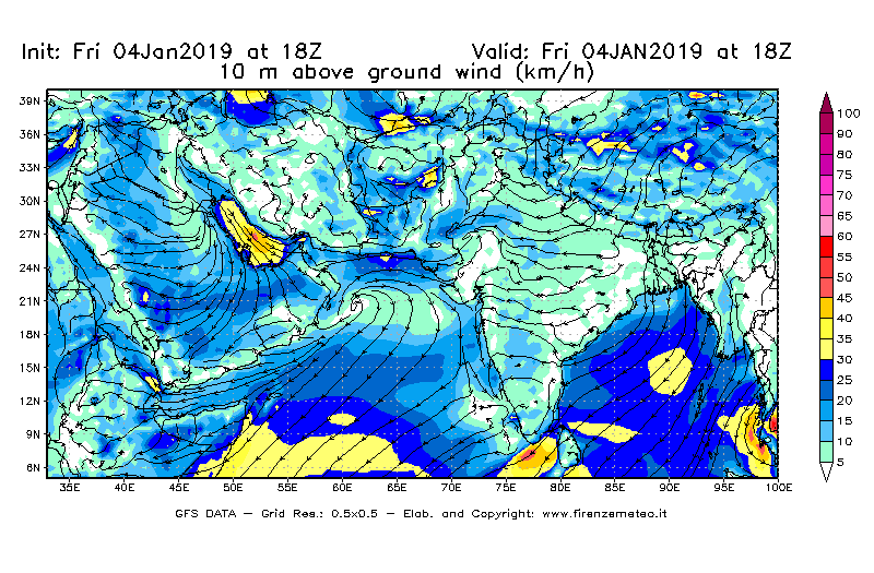 Mappa di analisi GFS - Velocità del vento a 10 metri dal suolo [km/h] in Asia Sud-Occidentale
							del 04/01/2019 18 <!--googleoff: index-->UTC<!--googleon: index-->
