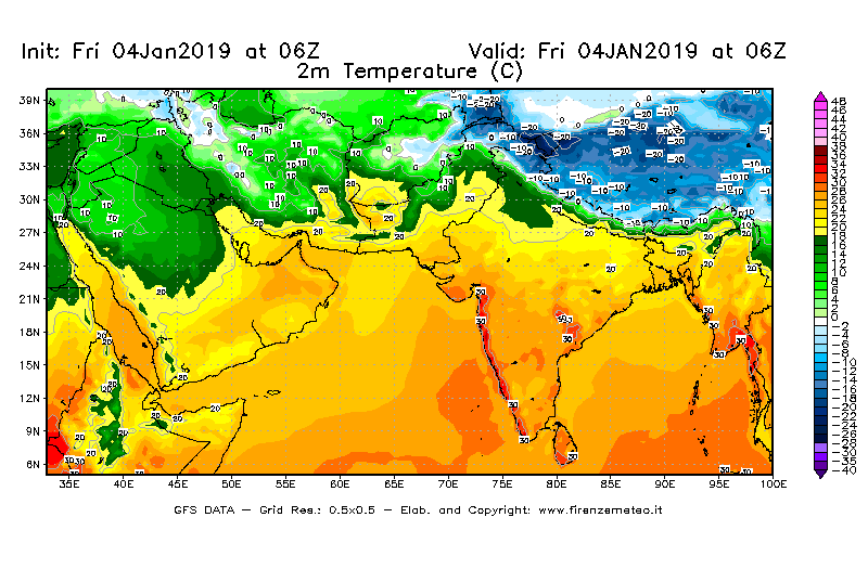 Mappa di analisi GFS - Temperatura a 2 metri dal suolo [°C] in Asia Sud-Occidentale
									del 04/01/2019 06 <!--googleoff: index-->UTC<!--googleon: index-->