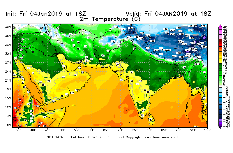 Mappa di analisi GFS - Temperatura a 2 metri dal suolo [°C] in Asia Sud-Occidentale
									del 04/01/2019 18 <!--googleoff: index-->UTC<!--googleon: index-->