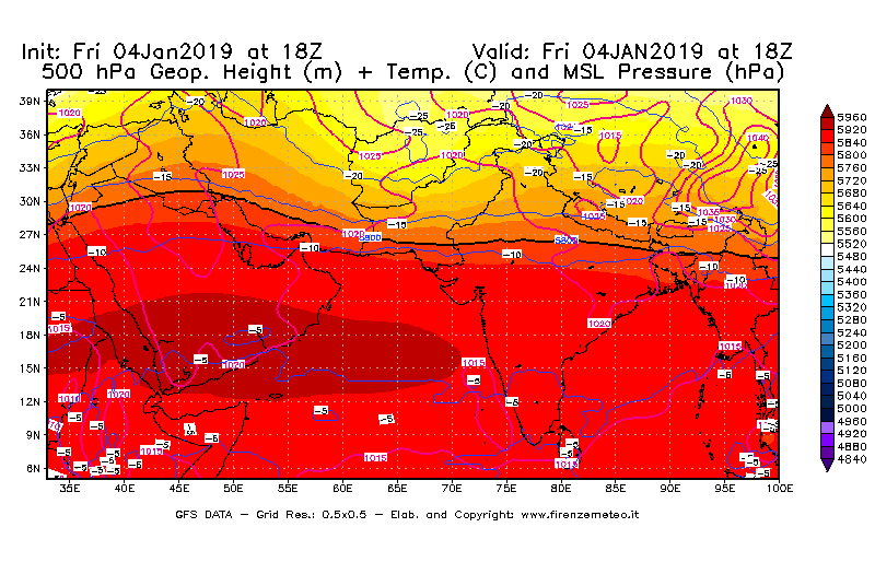 Mappa di analisi GFS - Geopotenziale [m] + Temp. [°C] a 500 hPa + Press. a livello del mare [hPa] in Asia Sud-Occidentale
									del 04/01/2019 18 <!--googleoff: index-->UTC<!--googleon: index-->