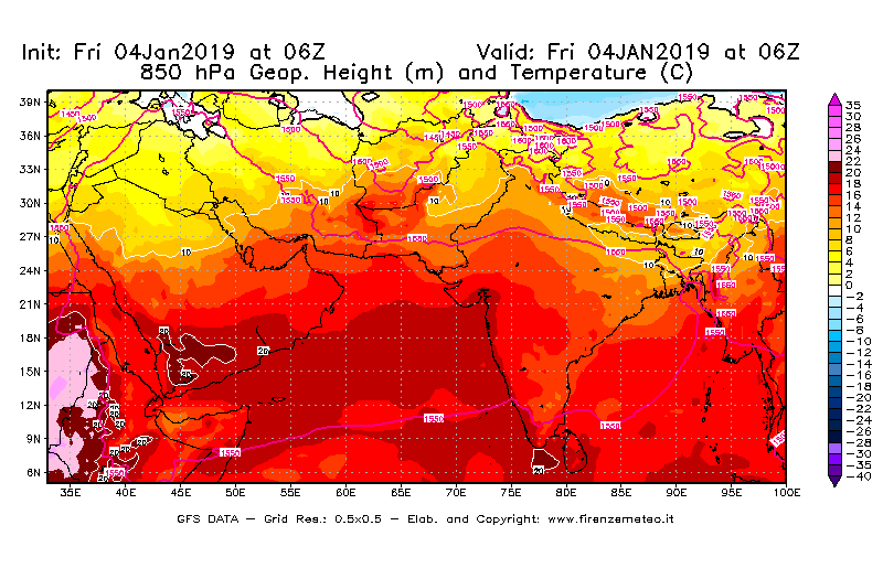 Mappa di analisi GFS - Geopotenziale [m] e Temperatura [°C] a 850 hPa in Asia Sud-Occidentale
									del 04/01/2019 06 <!--googleoff: index-->UTC<!--googleon: index-->