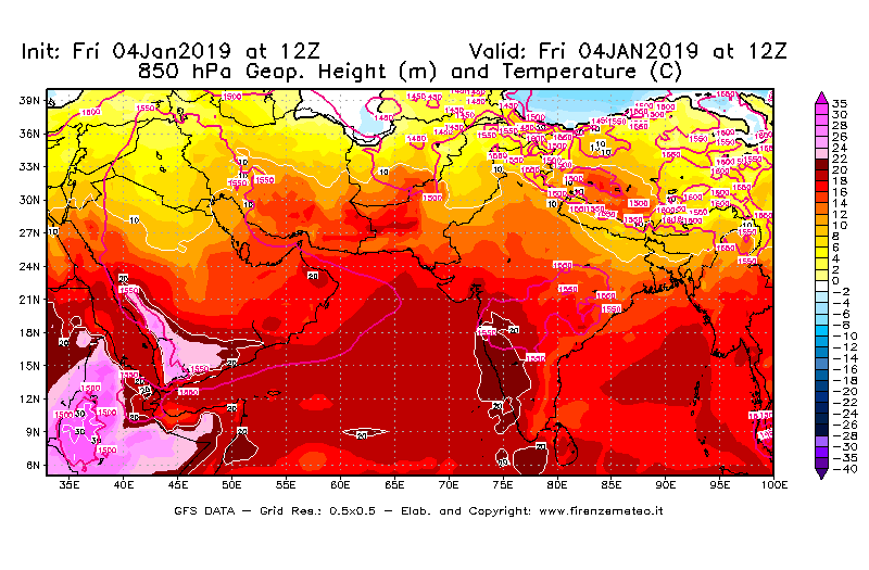 Mappa di analisi GFS - Geopotenziale [m] e Temperatura [°C] a 850 hPa in Asia Sud-Occidentale
									del 04/01/2019 12 <!--googleoff: index-->UTC<!--googleon: index-->